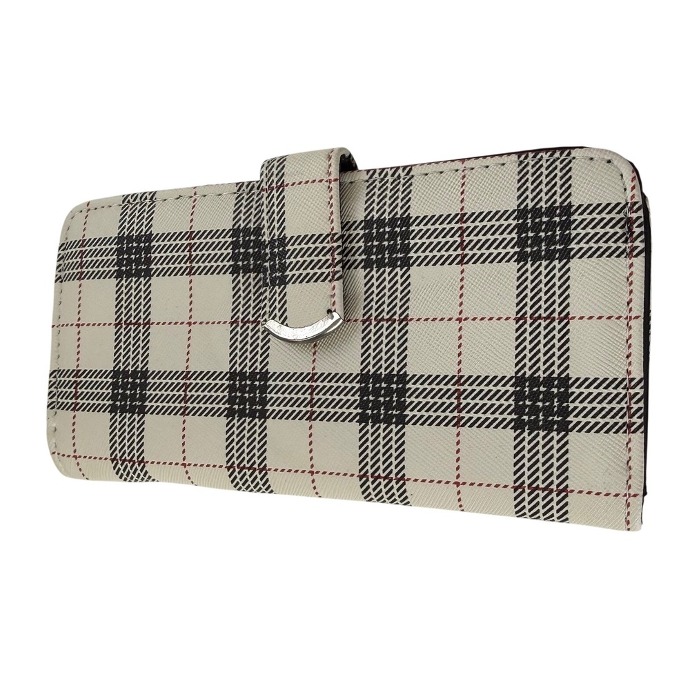 White Plaid Tartan Small Bifold Wallet Snap Pocket ID‎ Window Minimalist NEW